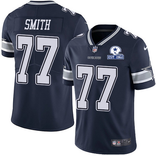 Mens Dallas Cowboys 77 Tyron Smith Navy With Est 1960 Patch Limited Stitched NFL Jersey 1 1