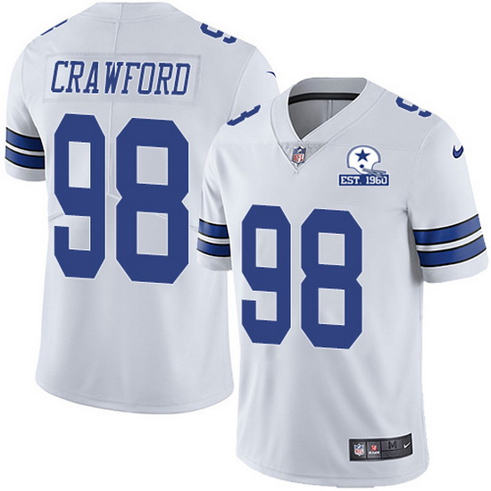 Tyrone Crawford White With Est 1960 Patch Jersey, Men's Dallas Cowboys #98 NFL Limited Jersey