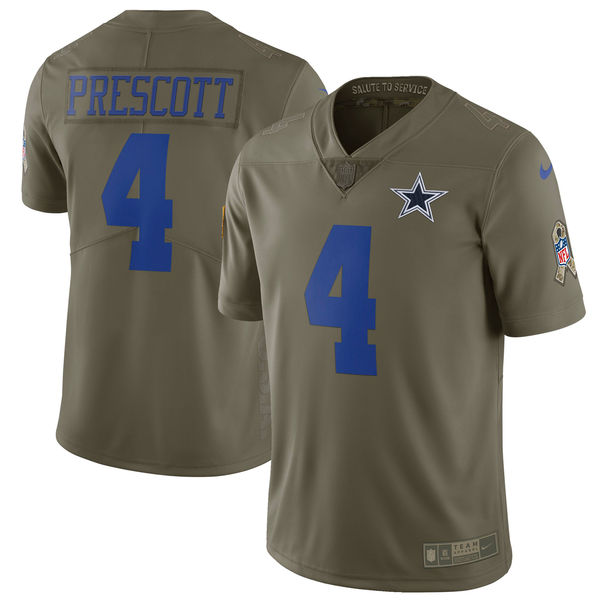 Mens Nike Dallas Cowboys 4 Dak Prescott Olive Salute To Service Limited Stitched NFL Jersey 1 1