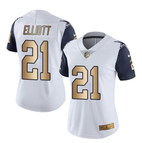 Ezekiel Elliott White Gold Stitched Jersey, Women's Dallas Cowboys 21 NFL Limited Jersey