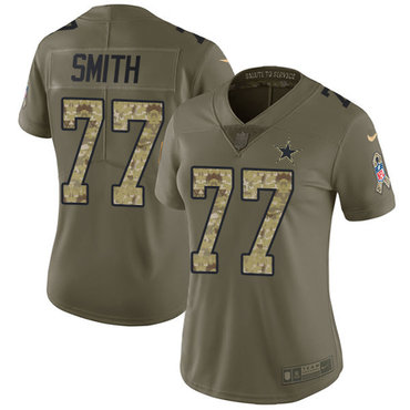 Womens Nike Dallas Cowboys 77 Tyron Smith Olive Camo Womens Stitched NFL Limited 2017 Salute to Service Jersey 1 1