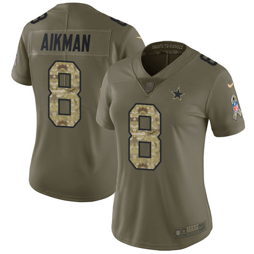 Womens Nike Dallas Cowboys 8 Troy Aikman Olive Camo Womens Stitched NFL Limited 2017 Salute to Service Jersey 1 1